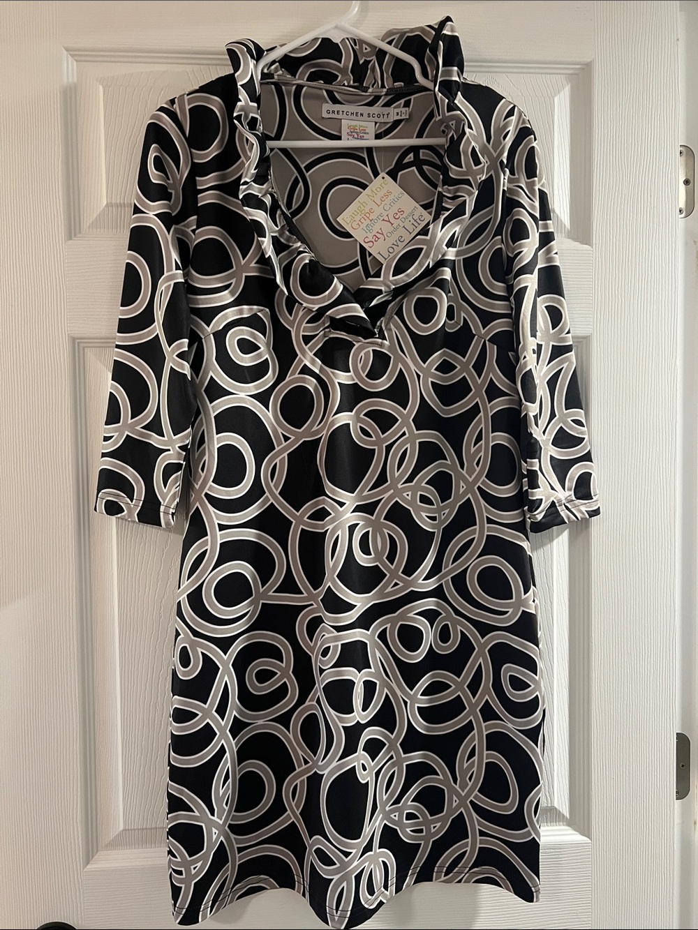 Gretchen Scott Designs Black & White Circle Print Ruffle Neck Dress